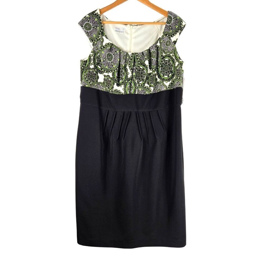 Sheath Career Dress Knit Black Green 16W London Times Woman Batik  Knee Length